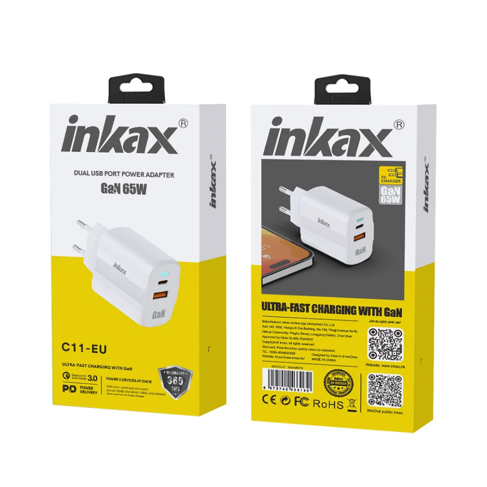 charge rapide tunisie, charge fast tunisie, charge type c tunisie, Chargeur Rapide INKAX C11 65W Samsung iPhone Infinix Redmi