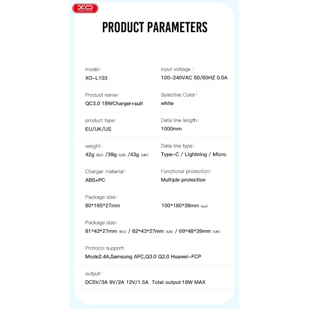 charge rapide tunisie, charge fast tunisie, charge type c tunisie, Chargeur Rapide XO L103 18W Samsung iPhone Infinix Redmi