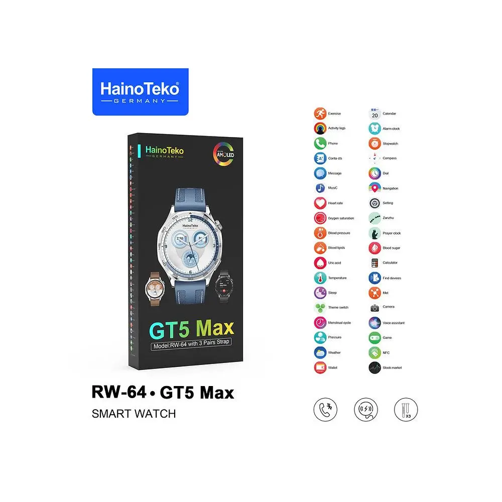 HAINO TEKO GT5 Max RW-64 Marron , Meilleur Prix Tunisie , Montre Smartwatch , Appel , Bluetooth , 3 ceintures, connectée