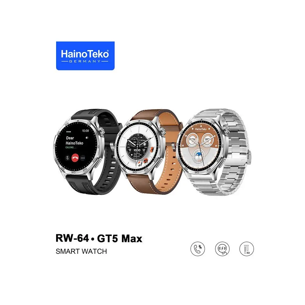 HAINO TEKO GT5 Max RW-64 Marron , Meilleur Prix Tunisie , Montre Smartwatch , Appel , Bluetooth , 3 ceintures, connectée