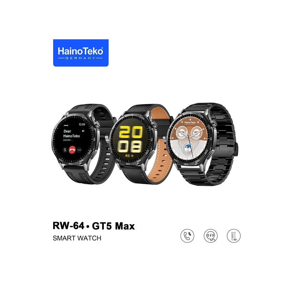 HAINO TEKO GT5 Max RW-64 Noir , Meilleur Prix Tunisie , Montre Smartwatch , Appel , Bluetooth , 3 ceintures, connectée